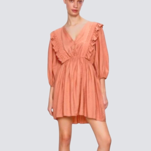 Zara Marsala Rust Pink Guipure Elegant Lace Ruffle Dress Puff Sleeves Sz S - Picture 1 of 16